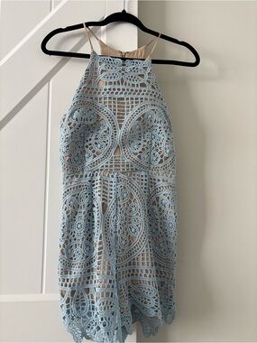 DO+BE Sky Blue Crochet Romper with Nude Lining
